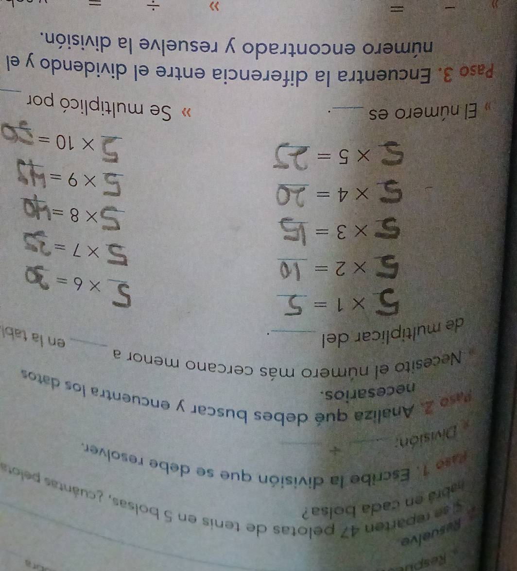 Respue 
Lita 
Resuelve 
abrá en cada bolsa 
s s e reparten 47 pelotas de tenis en 5 bolsas, ¿cuántas pelota 
Pase 1. Escribe la división que se debe resolver. 
División;_ 
+ 
Pase Z. Analiza qué debes buscar y encuentra los datos 
necesarios. 
Necesito el número más cercano menor a 
de multiplicar del_ 
_ 
en la tabl 
_ 5* 1=
5_  * 6=
5×2=_ 
_ 5* 7=
5* 3=
_ _ 5* 8=
5* 4=
_
_ 5* 9=
_ * 5=
_ 
_ * 10=
El número es _. 32 Se multiplicó por_ 
Paso 3. Encuentra la diferencia entre el dividendo y el 
número encontrado y resuelve la división. 
= 
÷