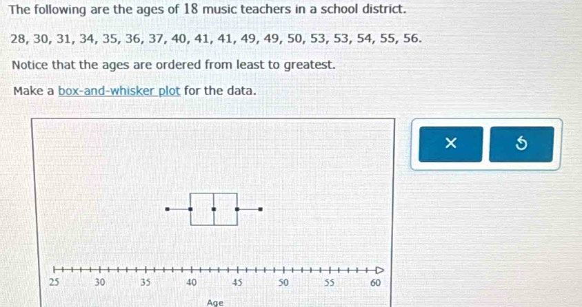 The following are the ages of 18 music teachers in a school district.
28, 30, 31, 34, 35, 36, 37, 40, 41, 41, 49, 49, 50, 53, 53, 54, 55, 56. 
Notice that the ages are ordered from least to greatest. 
Make a box-and-whisker plot for the data. 
× 
Age