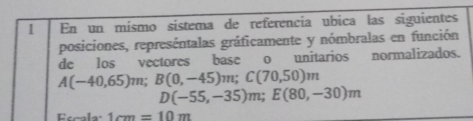 En un mísmo sístema de referencía ubica las siguientes 
posiciones, represéntalas gráficamente y nómbralas en función 
de los vectores base o unitarios normalizados.
A(-40,65)m; B(0,-45)m; C(70,50)m
D(-55,-35)m; E(80,-30)m
Escala 1cm=10m