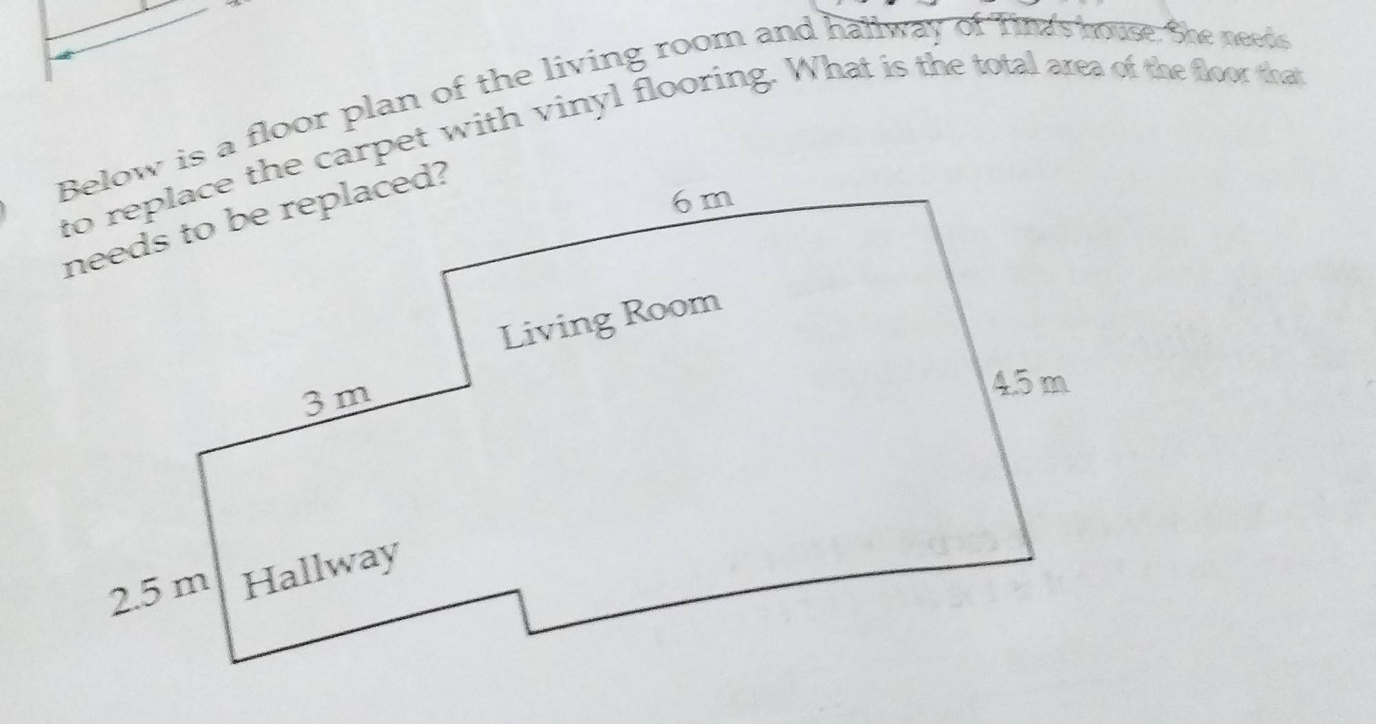 Below is a floor plan of the living room and hallway of Tinas house. She needs 
to replace the carpet with vinyl flooring. What is the total area of the floor that