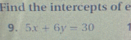 Find the intercepts of e 
9. 5x+6y=30