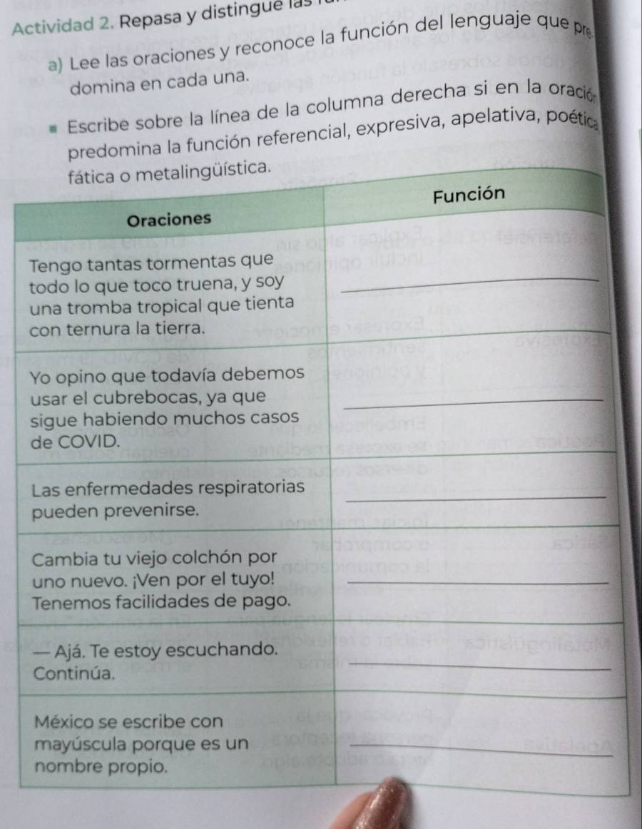 Actividad 2. Repasa y distingue las 
a) Lee las oraciones y reconoce la función del lenguaje que pré 
domina en cada una. 
Escribe sobre la línea de la columna derecha si en la oració 
omina la función referencial, expresiva, apelativa, poética 
T 
t 
u 
c 
u 
s 
d