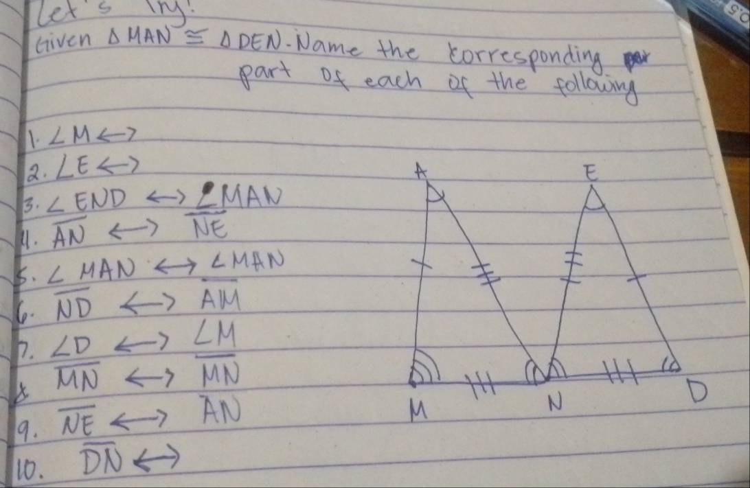 let's Try! 
Given △ MAN≌ △ DEN.Name the corresponding 
part of each of the following 
1. ∠ Mrightarrow
a. ∠ ELeftrightarrow
3. ∠ ENDrightarrow ∠ MAN
11. overline ANrightarrow overline NE
5. ∠ MANrightarrow ∠ MAN
6. overline ND rightarrow overline AM
h. ∠ Drightarrow ∠ M
overline MNrightarrow overline MN
19. overline NErightarrow overline AN
110. overline DNrightarrow