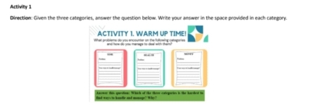 Activity 1 
Direction: Given the three categories, answer the question below. Write your answer in the space provided in each category. 
ACTIVITY 1. WARM UP TIME! 
What problems do you encounter on the following categories 
and how do you manage to deal with them? 
_ 
_ 
End ways to hendle and manage? Why! Ascmer this qurotion: Whick of the three categries in thee herdlet to