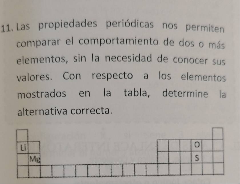 Las propiedades periódicas nos permiten 
comparar el comportamiento de dos o más 
elementos, sin la necesidad de conocer sus 
valores. Con respecto a los elementos 
mostrados en la tabla, determine la 
alternativa correcta.