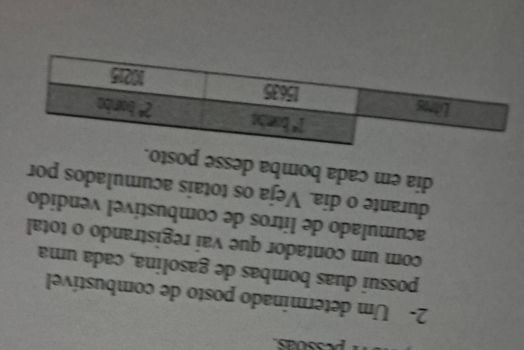 pessuás 
2- Um determinado posto de combustível 
possuí duas bombas de gasolina, cada uma 
com um contador que vai registrando o total 
acumulado de litros de combustível vendido 
durante o dia. Veja os totais acumulados por 
dia em cada bomba desse posto.