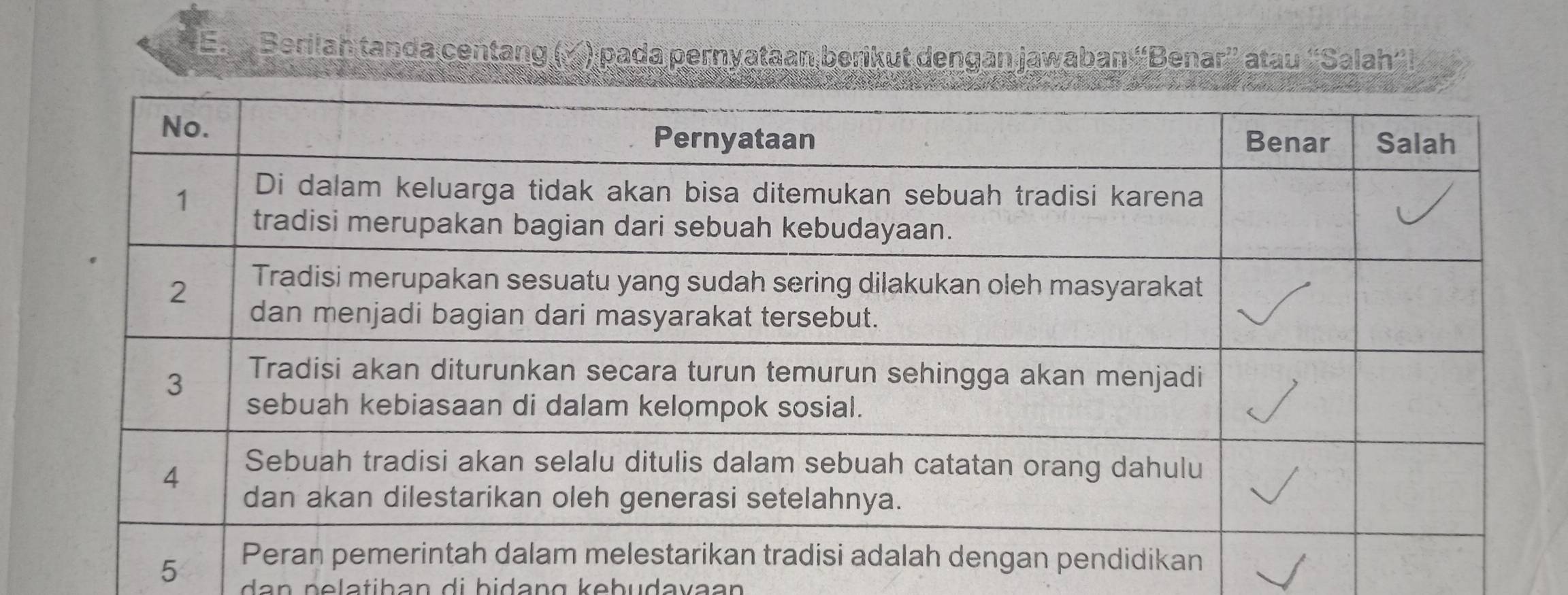 Berilah tanda centang (×)ipada pernyataan berikut dengan jawaban frac 5° A Benar' atau ''Salah''
5