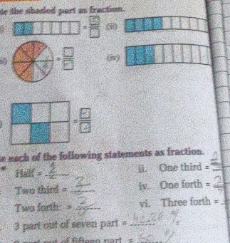 de the shaded part as fraction.
 24/3  = □ /□   (i)
= □ /□  
= □ /□  
e each of the following statements as fraction. 
Half =_ ii. One third =_ 
Two third = _iv. One forth =_ 
Two forth: = _vi. Three forth =_ 
3 part out of seven part =_ 
= T ffeen nort =_