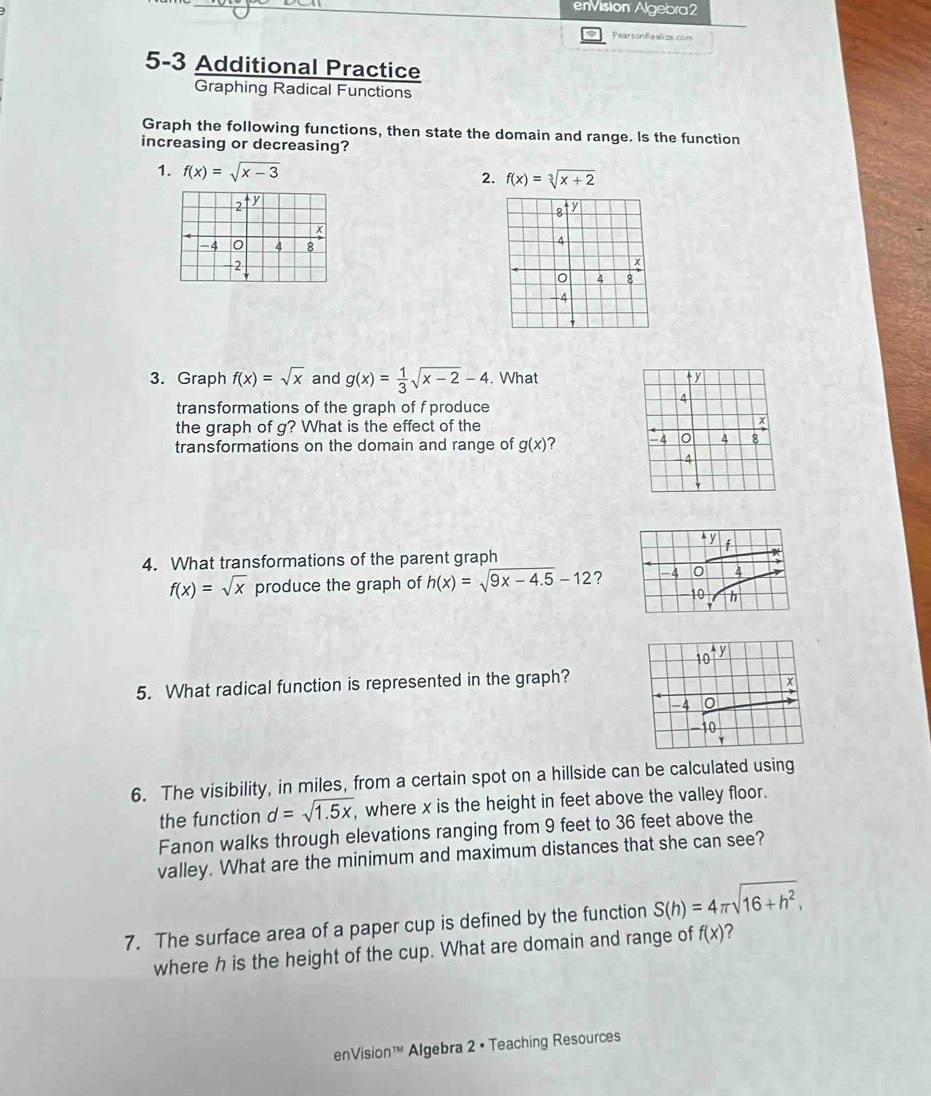 enVision Algebra2 
PearsonReali ze. com 
5-3 Additional Practice 
Graphing Radical Functions 
Graph the following functions, then state the domain and range. Is the function 
increasing or decreasing? 
1. f(x)=sqrt(x-3) 2. f(x)=sqrt[3](x+2)
2 y
x
-4 0 4 8
-2
3. Graph f(x)=sqrt(x) and g(x)= 1/3 sqrt(x-2)-4. What 
transformations of the graph of f produce 
the graph of g? What is the effect of the 
transformations on the domain and range of g(x) ? 
4. What transformations of the parent graph
f(x)=sqrt(x) produce the graph of h(x)=sqrt(9x-4.5)-12 ? 
5. What radical function is represented in the graph? 
6. The visibility, in miles, from a certain spot on a hillside can be calculated using 
the function d=sqrt(1.5x), , where x is the height in feet above the valley floor. 
Fanon walks through elevations ranging from 9 feet to 36 feet above the 
valley. What are the minimum and maximum distances that she can see? 
7. The surface area of a paper cup is defined by the function S(h)=4π sqrt(16+h^2), 
where h is the height of the cup. What are domain and range of f(x)
enVision™' Algebra 2 • Teaching Resources