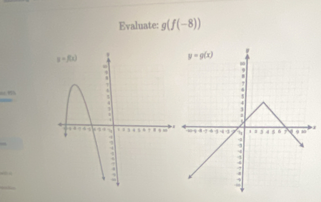 Evaluate: g(f(-8))
95 %
x