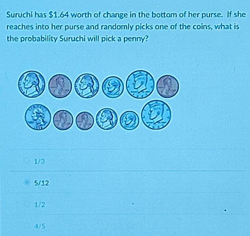 Suruchi has $1.64 worth of change in the bottom of her purse. If she
reaches into her purse and randomly picks one of the coins, what is
the probability Suruchi will pick a penny?
1/3
5/12
1/2
4/5