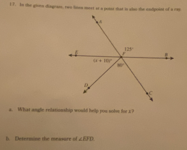 In the given diagram, two lines meet at a point that is also the endpoint of a ray.
a. What angle relationship would help you solve for x?
b. Determine the measure of ∠ EFD.