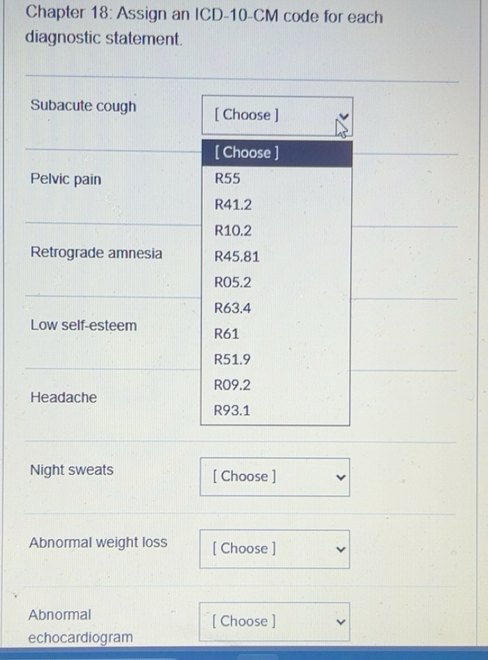 Solved: Chapter 18: Assign an ICD- 10-CM code for each diagnostic ...