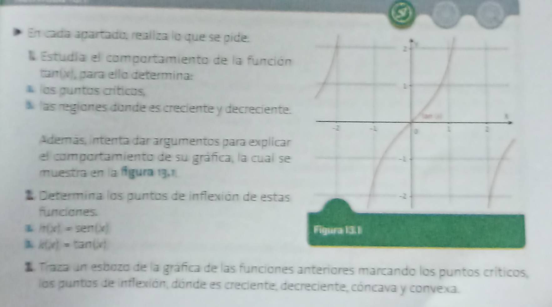 En cada apartado, realiza lo que se pide. 
Estudia el comportamiento de la función
tan(x), para ello determina: 
las guntas críticas, 
las regiones donde es creciente y decreciente. 
Además, intenta dar argumentos para explicar 
el comportamiento de su gráfica, la cual se 
muestra en la Águra 19,1 
Determina los puntos de inflexión de estas 
funciones. 
L h(x)=sen(x) Figura 13.1
k(x)=tan (x)
a Traza un esbozo de la gráfica de las funciones anteriores marcando los puntos críticos, 
los puntos de inflexión, dónde es creciente, decreciente, cóncava y convexa.