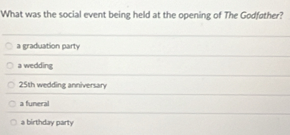 What was the social event being held at the opening of The Godføther?
a graduation party
a wedding
25th wedding anniversary
a funeral
a birthday party