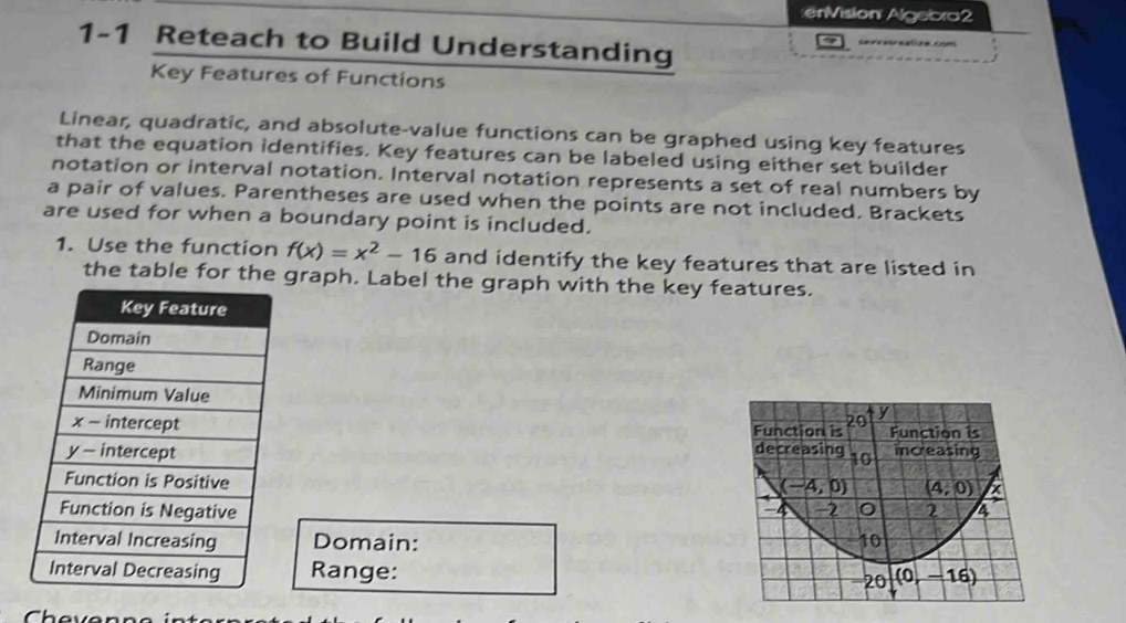 Solved: enVision Algebra2 1-1 Reteach to Build Understanding 9 Key ...
