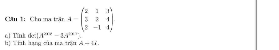 Cho ma trận A=beginpmatrix 2&1&3 3&2&4 2&-1&4endpmatrix. 
a) Tính det (A^(2018)-3A^(2017))
b) Tính hạng của ma trận A+4I.