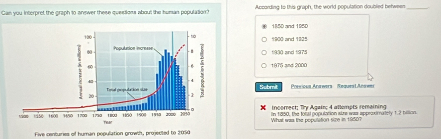 Solved: According to this graph, the world population doubled between ...