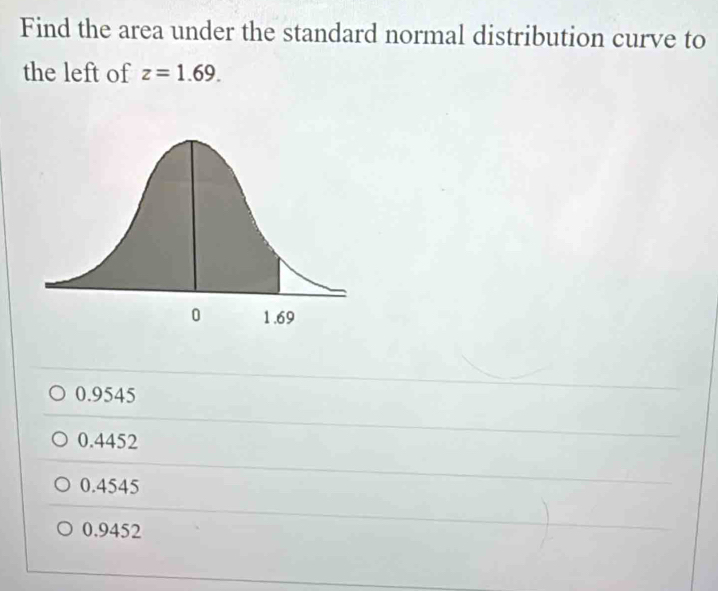 Find the area under the standard normal distribution curve to
the left of z=1.69.
0.9545
0.4452
0.4545
0.9452