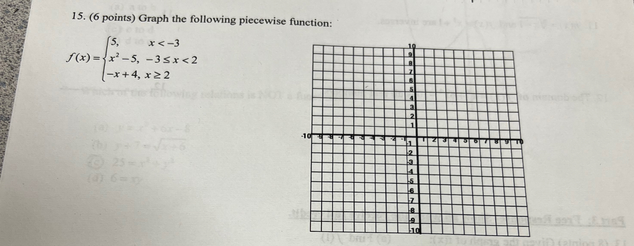 Graph the following piecewise function:
f(x)=beginarrayl 5,x <2 -x+4,x≥ 2endarray.
2