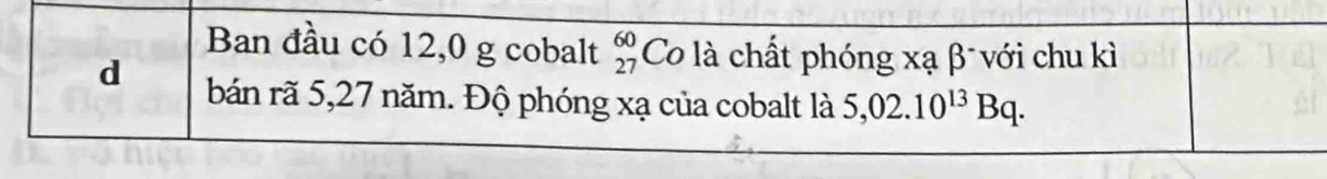 Ban đầu có 12,0 g cobalt beginarrayr 60 27endarray Co là chất phóng xạ β với chu kì 
d bán rã 5,27 năm. Độ phóng xạ của cobalt là 5,02.10^(13)Bq.