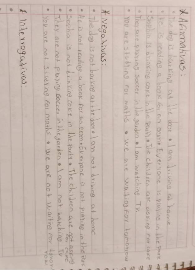 Afirmalivas: 
. The dog is barking at the door. I am driving at home 
He is reading a book for an exam Everyone is playing in the park 
Sopbio is drinking core in The party. The children are asking for cake 
They are playing soccer in the garden.I am watching TV. 
You are studying for maths. we are waiting for tomorrow 
Negativas: 
The dog is not barking at the door. I am not driving at home 
He is not reading a book for an exam. Everyone is not playing in the park 
Sophia is not drinking coke in the party. The children are net asking bG, CailC 
They are not playing soccer in the garden. I am not warching TV 
you are not studying for maths. we are not waiting for tamor. 
row 
interrogativas: