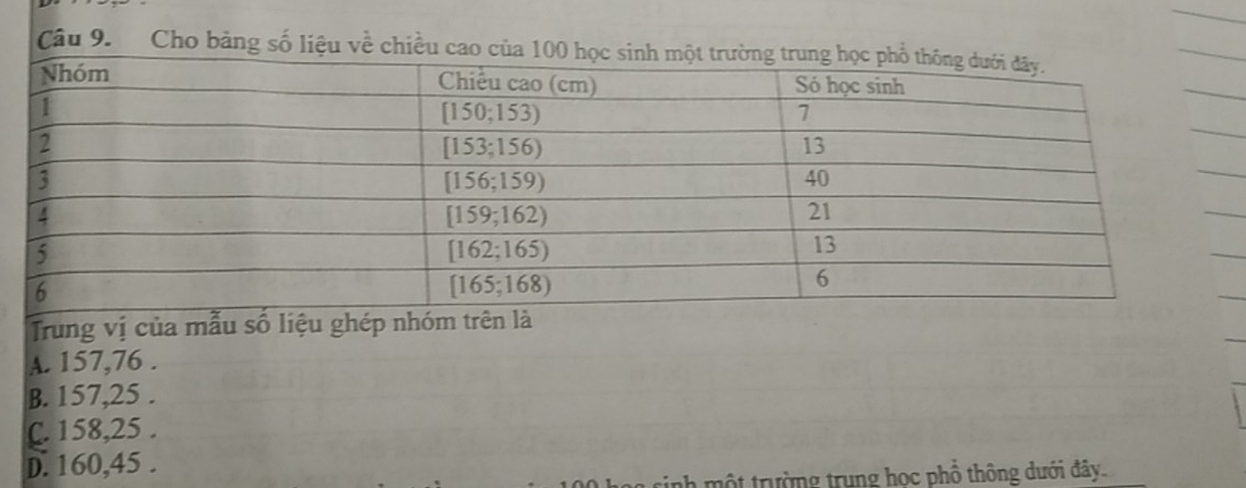 Cho bảng số liệu về chiều cao củ
Trung vị của mẫu số liệu ghép nhóm trên là
A. 157, 76.
B. 157, 25.
C. 158, 25.
D. 160, 45.
og sinh một trường trung học phổ thông dưới đây.