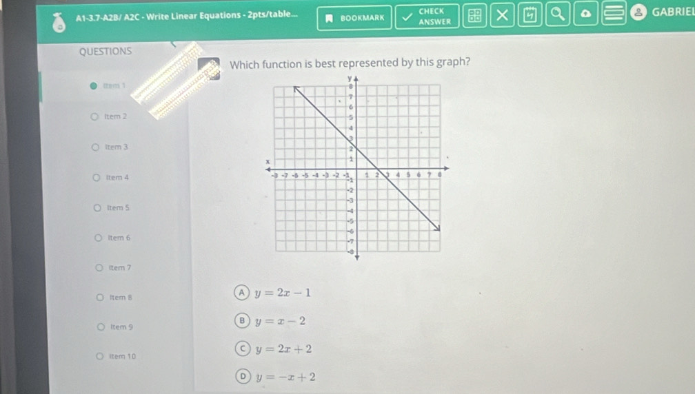 A1-3.7-A2B/ A2C - Write Linear Equations - 2pts/table... BOOKMARK ANSWER CHECK × 5 a 2 GABRIEI
QUESTIONS
Which function is best represented by this graph?
ttem 1
Item 2
Item 3
Item 4 
Item S
Item 6
ltem 7
Item 8
a y=2x-1
B y=x-2
Item 9
item 10
y=2x+2
D y=-x+2