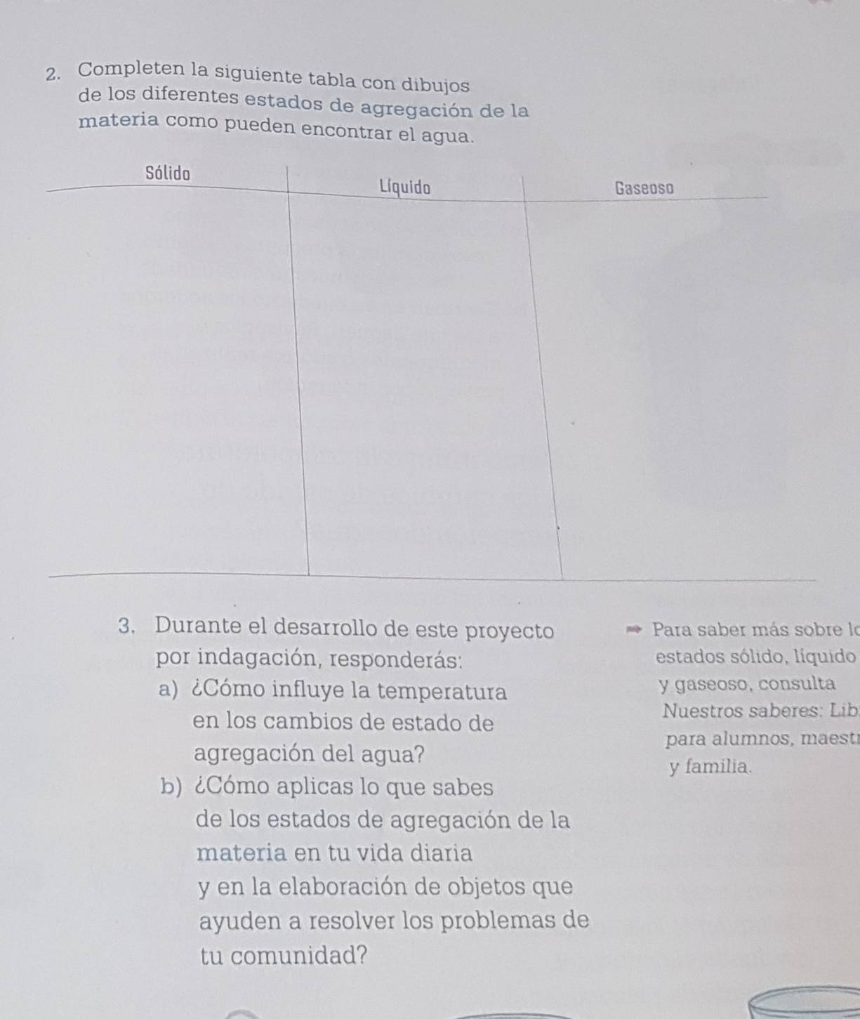 Completen la siguiente tabla con dibujos 
de los diferentes estados de agregación de la 
materia como pueden encontrar el agua. 
3. Durante el desarrollo de este proyecto Para saber más sobre le 
por indagación, responderás: estados sólido, líquido 
a) ¿Cómo influye la temperatura y gaseoso, consulta 
en los cambios de estado de 
Nuestros saberes: Lib 
para alumnos, maest 
agregación del agua? 
y familia. 
b) ¿Cómo aplicas lo que sabes 
de los estados de agregación de la 
materia en tu vida diaria 
y en la elaboración de objetos que 
ayuden a resolver los problemas de 
tu comunidad?