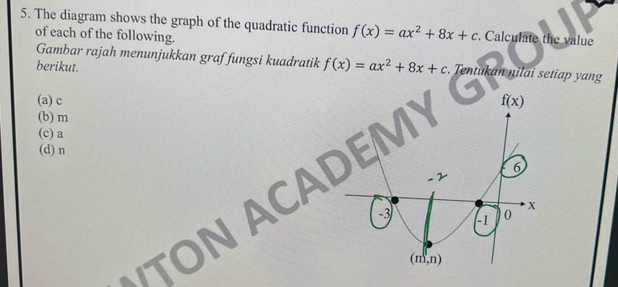 The diagram shows the graph of the quadratic function f(x)=ax^2+8x+c. Calculate the value 
of each of the following. 
Gambar rajah menunjukkan graf fungsi kuadratik f(x)=ax^2+8x+c. Tentukan nilai setiap yang 
berikut. 
(a)c f(x)
(b) m
(c) a
(d) n
6
-2
a C -3 -1 0
X
(m,n)