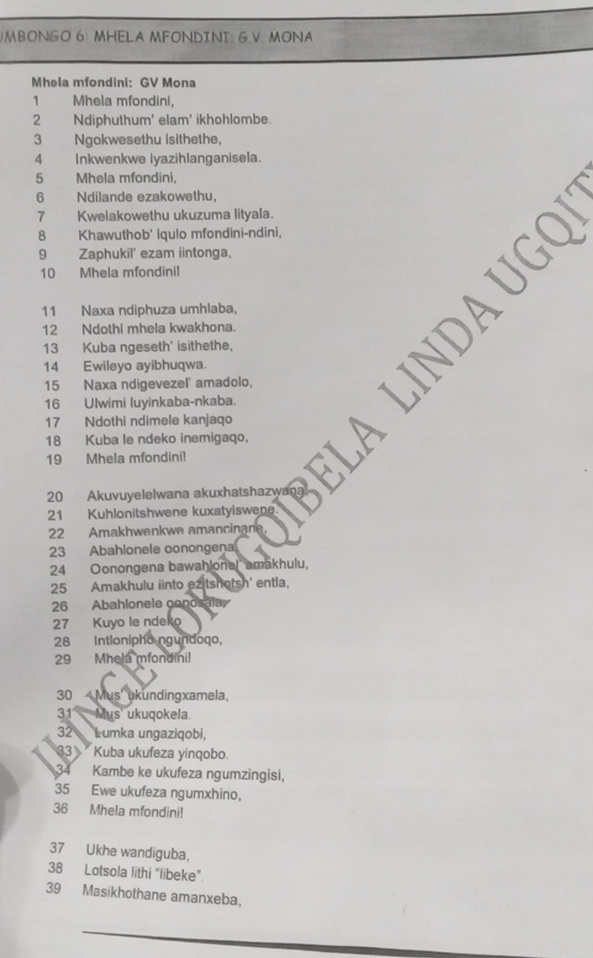 Solved: MBONGO 6: MHELA MFONDINI: G.V. MONA Mhela mfondini: GV Mona 1 ...