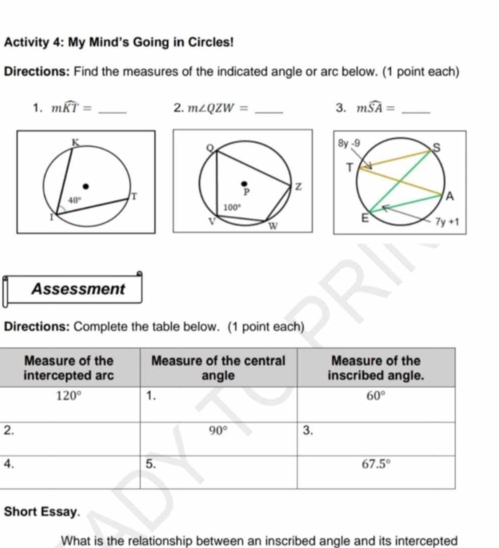 Activity 4: My Mind's Going in Circles!
Directions: Find the measures of the indicated angle or arc below. (1 point each)
1. mwidehat KT= _2. m∠ QZW= _3. mwidehat SA= _
Assessment
Directions: Complete the table below. (1 point each)
2
4
Short Essay.
What is the relationship between an inscribed angle and its intercepted