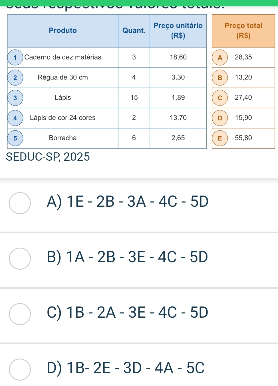 SEDUC-SP 2025
A) 1E-2B-3A-4C-5D
B) 1A-2B-3E-4C-5D
C) 1B-2A-3E-4C-5D
D) 1B-2E-3D-4A-5C