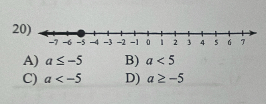 A) a≤ -5 B) a<5</tex>
C) a D) a≥ -5