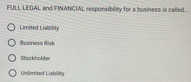 FULL LEGAL and FINANCIAL responsibility for a business is called...
Limited Liability
Business Risk
Stockholder
Unlimited Liability