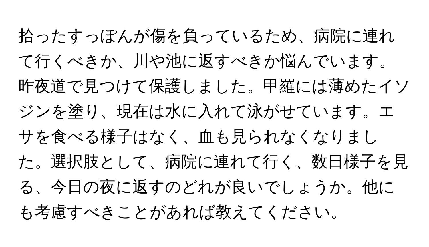 拾ったすっぽんが傷を負っているため、病院に連れて行くべきか、川や池に返すべきか悩んでいます。昨夜道で見つけて保護しました。甲羅には薄めたイソジンを塗り、現在は水に入れて泳がせています。エサを食べる様子はなく、血も見られなくなりました。選択肢として、病院に連れて行く、数日様子を見る、今日の夜に返すのどれが良いでしょうか。他にも考慮すべきことがあれば教えてください。