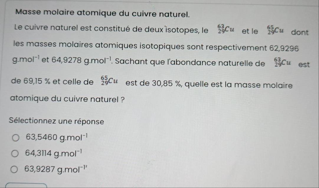 Résolu Masse molaire atomique du cuivre naturel. Le cuivre naturel est — free download