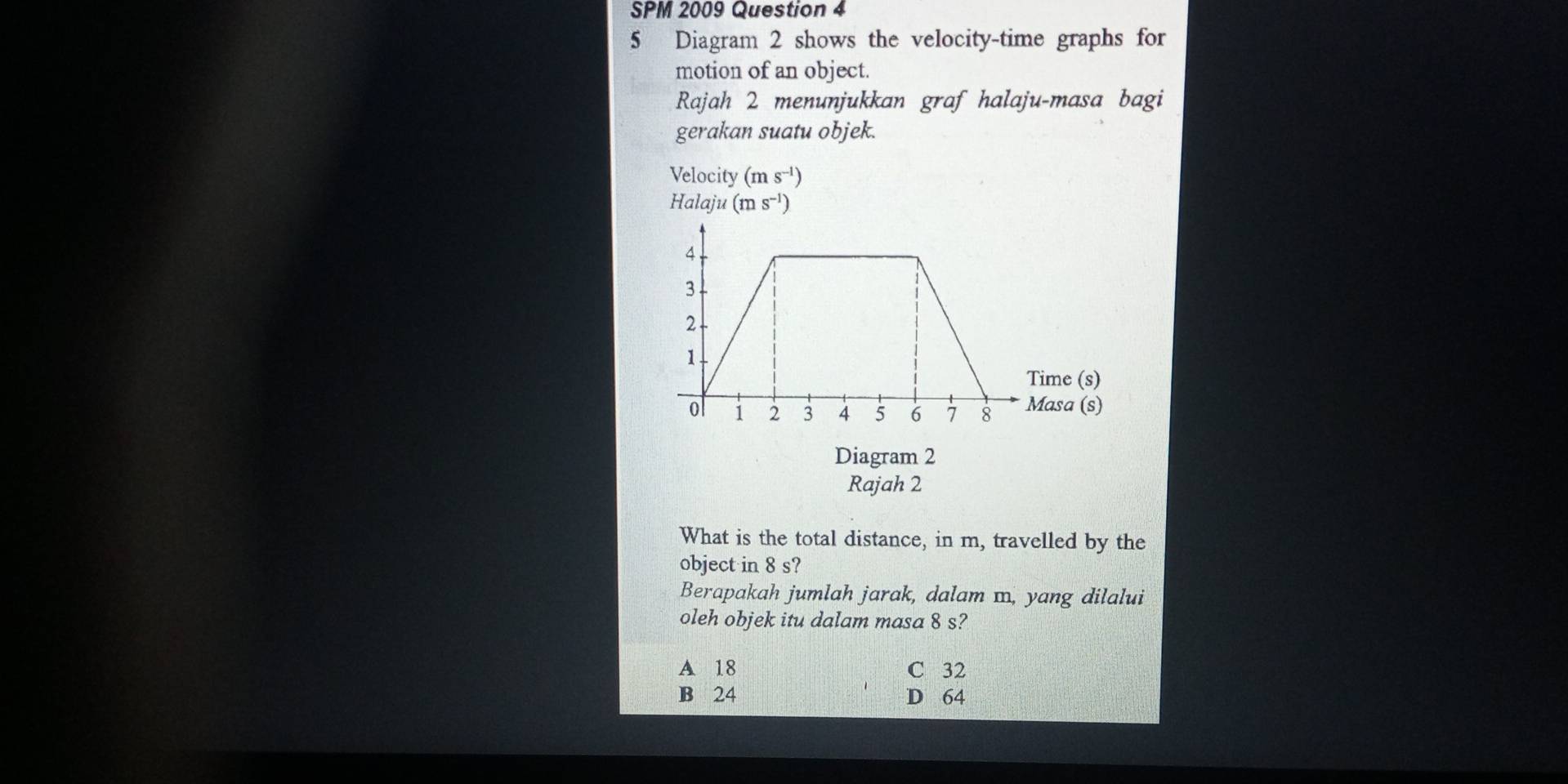 SPM 2009 Question 4
5 Diagram 2 shows the velocity-time graphs for
motion of an object.
Rajah 2 menunjukkan graf halaju-masa bagi
gerakan suatu objek.
Velocity (ms^(-1))
Halaju (ms^(-1))
Diagram 2
Rajah 2
What is the total distance, in m, travelled by the
object in 8 s?
Berapakah jumlah jarak, dalam m, yang dilalui
oleh objek itu dalam masa 8 s?
A 18 C 32
B 24 D 64