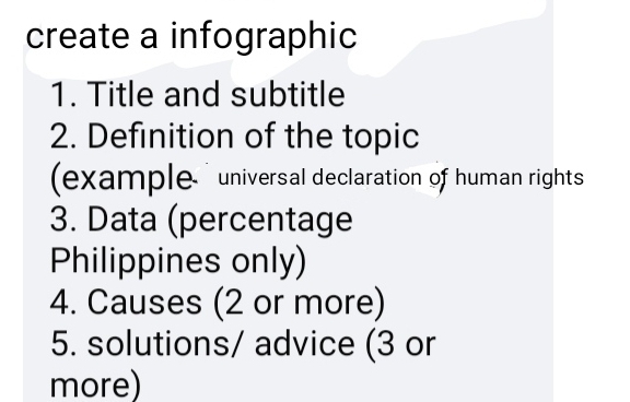 create a infographic 
1. Title and subtitle 
2. Definition of the topic 
(example universal declaration of human rights 
3. Data (percentage 
Philippines only) 
4. Causes (2 or more) 
5. solutions/ advice (3 or 
more)