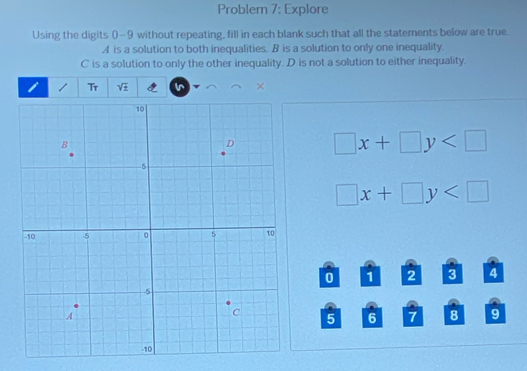 Problem 7: Explore
Using the digits 0-9 without repeating, fill in each blank such that all the statements below are true.
A is a solution to both inequalities. B is a solution to only one inequality.
C is a solution to only the other inequality. D is not a solution to either inequality.
1 Tr sqrt(± )
□ x+□ y
□ x+□ y
0 1 2 3 4
5 6 7 8 9