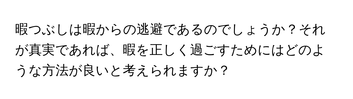 暇つぶしは暇からの逃避であるのでしょうか？それが真実であれば、暇を正しく過ごすためにはどのような方法が良いと考えられますか？