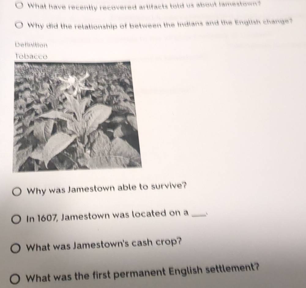 What have recently recovered artifacts told us about Jamestown? 
Why did the relationship of between the Indians and the English change? 
Definition 
Tobacco 
Why was Jamestown able to survive? 
In 1607, Jamestown was located on a _` 
What was Jamestown's cash crop? 
What was the first permanent English settlement?