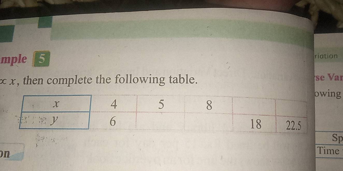 mple 5 riation
x x , then complete the following table. se Va 
g 
Sp 
on 
Time