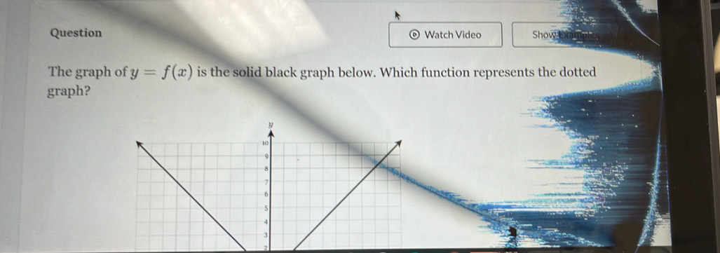 Question Watch Video Show 
The graph of y=f(x) is the solid black graph below. Which function represents the dotted 
graph? 
2