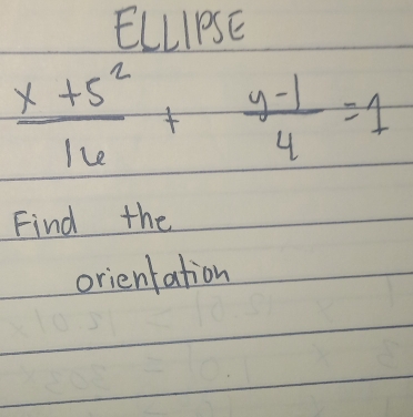 ELLIPSE
 (x+5^2)/16 + (y-1)/4 =1
Find the 
orientation