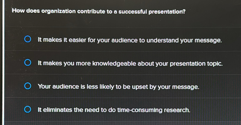 How does organization contribute to a successful presentation?
It makes it easier for your audience to understand your message.
It makes you more knowledgeable about your presentation topic.
Your audience is less likely to be upset by your message.
It eliminates the need to do time-consuming research.