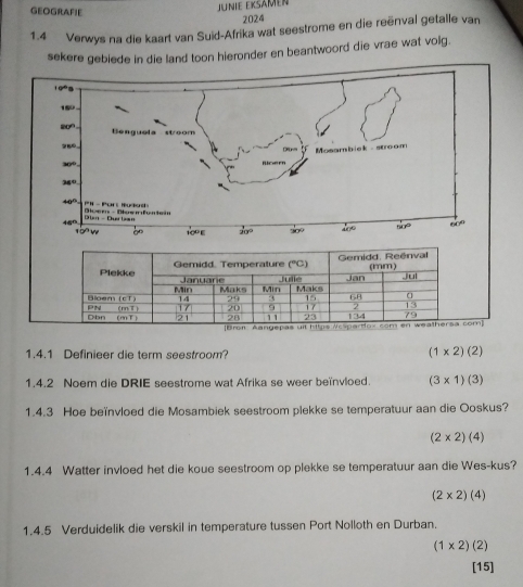 GEOGRAFIE
JuNie EKsämen
2024
1.4 Verwys na die kaart van Suid-Afrika wat seestrome en die reënval getalle van
sekere gebiede in die land toon hieronder en beantwoord die vrae wat voig.
m]
1.4.1 Definieer die term seestroom?
(1* 2)(2)
1.4.2 Noem die DRIE seestrome wat Afrika se weer beïnvloed. (3* 1)(3)
1.4.3 Hoe beïnvloed die Mosambiek seestroom plekke se temperatuur aan die Ooskus?
(2* 2)(4)
1.4.4 Watter invloed het die koue seestroom op plekke se temperatuur aan die Wes-kus?
(2* 2)(4)
1.4.5 Verduidelik die verskil in temperature tussen Port Nolloth en Durban.
(1* 2)(2)
[15]