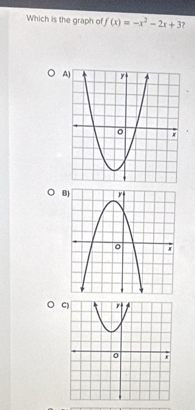 Which is the graph of f(x)=-x^2-2x+3 ?
A
B
C