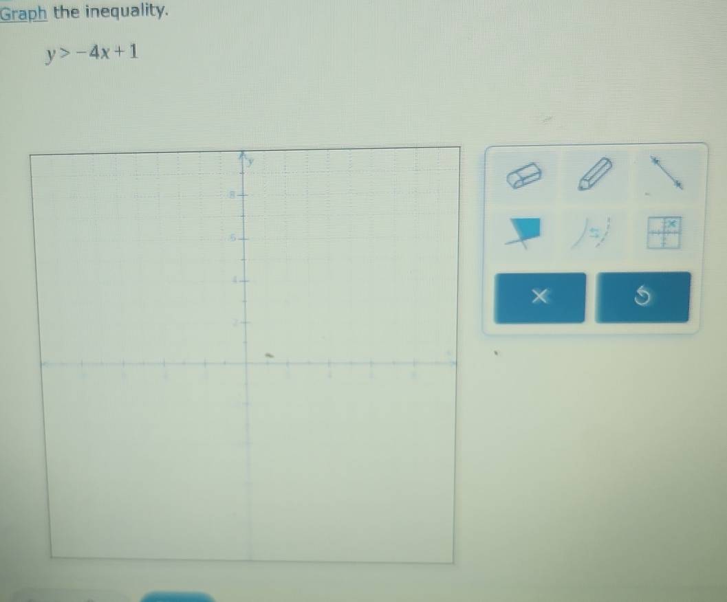 Graph the inequality.
y>-4x+1
×