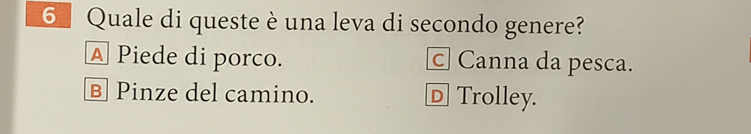 Quale di queste è una leva di secondo genere?
A Piede di porco. c Canna da pesca.
® Pinze del camino. D Trolley.